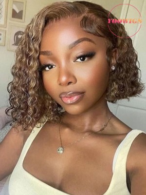 YOOWIGS 13x6 HD Lace Frontal Wig Highlight Short Curly  Bob Human Hair Wigs LJ057