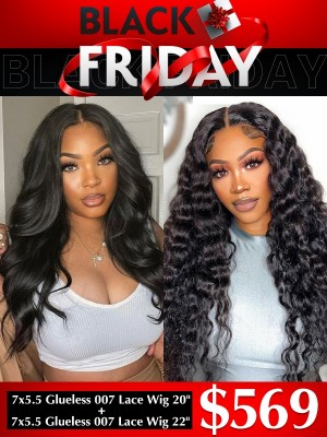 YOOWIGS Black Friday Best Deal 2 Wigs Combo Deal 7x5.5 Glueless 007 Lace Wig 100% Human Hair HD Lace Front Wigs Preplucked Knots with Bleached YVS22