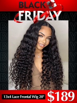 YOOWIGS Black Friday Best Deal Deep Wavy Curly Human Hair Natural Black 13x4 Transparent Lace Frontal Wig 20Inches CS006