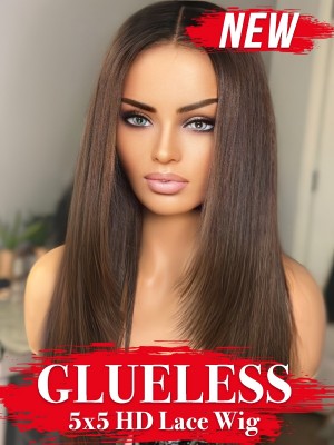 Yoowigs Glueless 5x5 HD Lace Wig Brown Color Layer Human Hair Straight Lace Front Wig Easy Wear RY155