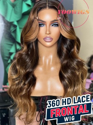 Yoowigs Ombre Brown Highlight Human Hair 360 HD Lace Frontal Wig Body Wave Deep Parting Glueless RY191