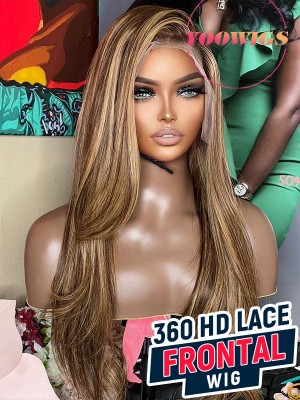 Yoowigs Ombre Highlight Human Hair 360 HD Full Lace Frontal Wig Silky Straight Bleached Knots RY192