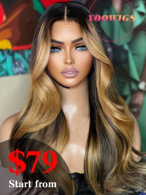YOOWIGS 100% Virgin Human Hair Ombre Brown Blonde Highlights Color HD Lace Front Wig Body Wave Glueless RY222