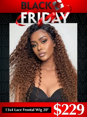 YOOWIGS Black Friday Best Deal 100% Human Hair Ombre Brown Color Kinky Curly Transparent Lace 13x4 Lace Frontal Wig Pre Plucked with Baby Hair BLS19