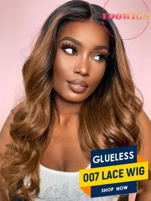 Yoowigs Glueless 007 Lace Wig Ombre Brown Human Hair Body Wave Long Hairstyles Pre Plucked HD Lace Front Wig RY206