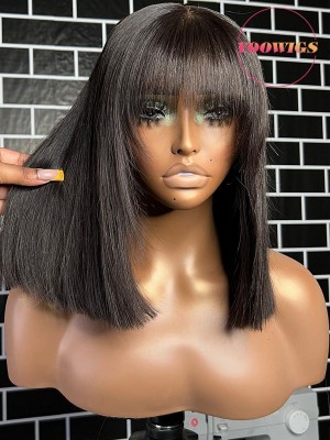YOOWIGS Put On And Go Glueless Straight Bob With Bangs Lace Wig 100% Human Hair  YL11