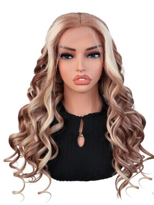 Black Friday Sale 13x6 Transparent Lace Front Human Hair Wig Light Ash Brown with Blonde Money Piece Highlights Wavy Wig YC04