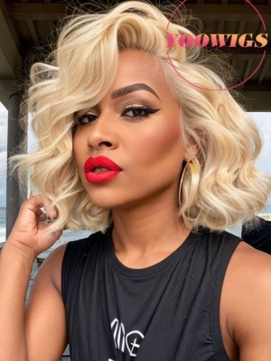 YOOWIGS Europe 613 Blonde Human Hair Short Bob Lace Frontal Wig Natural Wavy Side Parting RY220