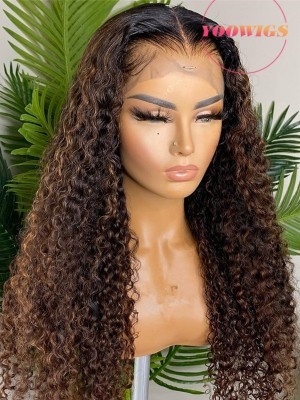 YOOWIGS Flash Sale Deep Curly Swiss Lace Wigs Brazilian Remy Human Hair Highlight Color Lace Front  Curly Wigs Free Part for Black Women  BLS13