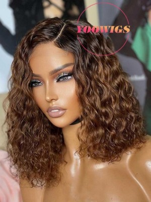 YOOWIGS Best Deal Ombre Brown Deep Wave Curly Short Bob Wig Human Hair 7x5.5 Glueless 007 Lace Wig HD Lace Front Wig BLS18