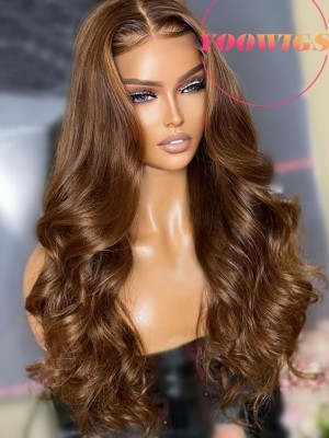 YOOWIGS Deep Parting 13x6 Full HD Lace Frontal Wig Body Wave HD Lace Wig Brown Human Hair Glueless Single Knots RY129