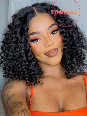 YOOWIGS 100% Human Hair Curly Short Bob Wig 8x6 Glueless 007 Lace Wig HD Lace Front Wig Natural Black CS011