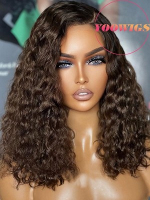 YOOWIGS Royal Film HD Lace Ombre Brown Kinky Curly Short Bob Wig Human Hair HD Full Lace Wig Bleached Knots RY151