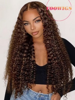 YOOWIGS 100% Virgin Human Hair Curly Ombre Brown Highlights Deep Parting Lace Frontal Human Hair Wigs With Baby Hair Free Shipping RY053