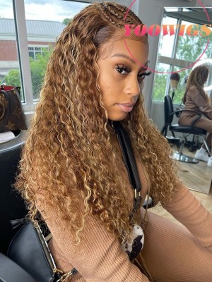 Yoowigs Curly Ombre Highlights Human Hair Deep Parting 13x6 HD Lace Frontal Wig Bleached Knots LJ056