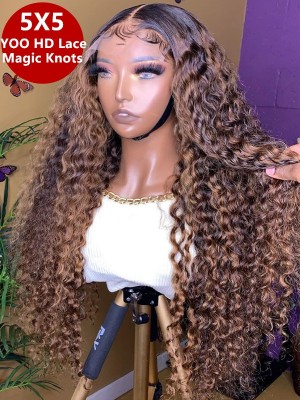 YOOWIGS Highlight Color #4/#27 Mix Beauty Human Hair Wigs Deep Curly Free Part 13x6 HD Lace Closure Wigs Bleached Knot with Baby Hair YLC8