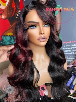 Yoowigs Ombre Burgundy Red Highlight Human Hair 13x6 HD Lace Front Wig Body Wave Glueless RY188