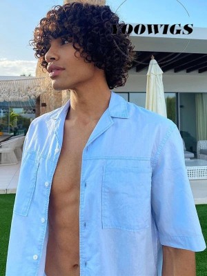 YOOWIGS Men Curly Human Hair Wig With Bangs Full Machine Made No Lace Wigs Man Hairstyles RY27