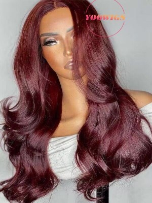YOOWIGS Burgundy 99j Red Color Royal Film HD Lace 13x6 Lace Frontal Human Hair Wigs Bleached Knots LJ035