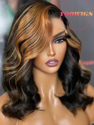 Yoowigs Ombre Brown Highlight Human Hair HD Lace Frontal Wig Short Bob Wig Natural Wavy Glueless RY152