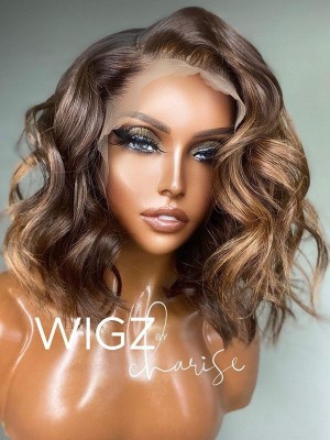 YOOWIGS Natural Hair Style Transparent HD Lace Ombre Brown Short Wave Bob Lace Closure Human Hair Wigs Invisible Preplucked Bleached Knots BLS15