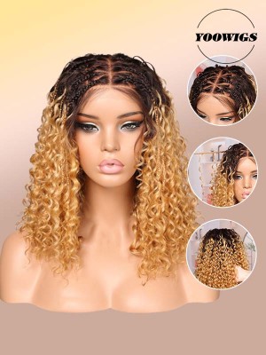 YOOWIGS Boho Braided Curl Wig Ombre Blonde Most-Fit 5x5 HD Lace Closure Protective Style Glueless Wig for Women BRAID07