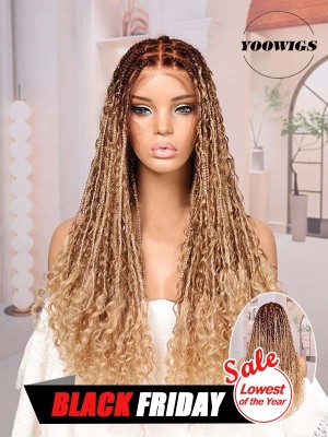YOOWIGS Boho Knotless Braid Wig HD Full Lace Blonde Ombre Lightweight Goddess Look with Human Hair Curls BRAID05