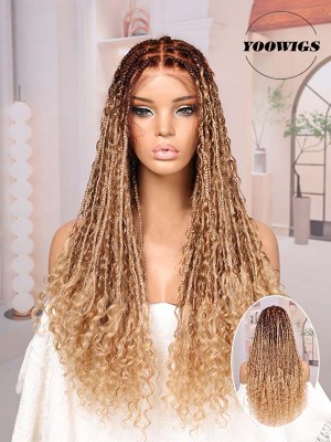 YOOWIGS Boho Knotless Braid Wig HD Full Lace Blonde Ombre Lightweight Goddess Look with Human Hair Curls BRAID05