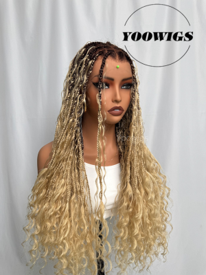YOOWIGS Boho Knotless Braid Wig HD Full Lace Color #27 Lightweight Goddess Look with Human Hair Curls BRAID03