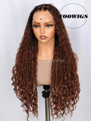 YOOWIGS Boho Knotless Braid Wig HD Full Lace Color #30 Lightweight Goddess Look with Human Hair Curls BRAID02