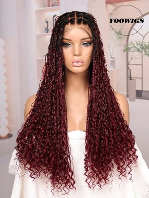 YOOWIGS Boho Knotless Braid Wig HD Full Lace Color #99J Lightweight Goddess Look with Human Hair Curls BRAID04