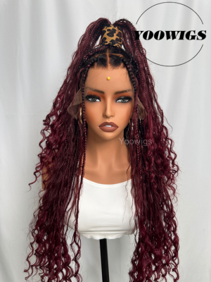YOOWIGS Boho Knotless Braid Wig HD Full Lace Color #99J Lightweight Goddess Look with Human Hair Curls BRAID04