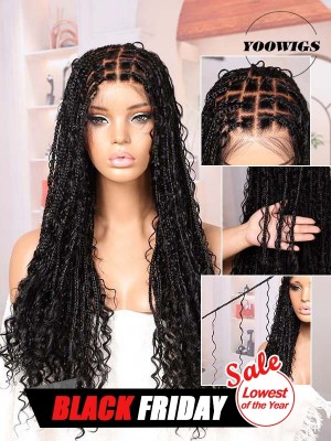 YOOWIGS Boho Knotless Braid Wig HD Full Lace Natural Black Lightweight Goddess Look with Human Hair Curls BRAID01