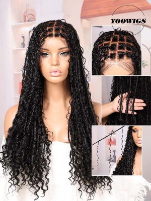 YOOWIGS Boho Knotless Braid Wig HD Full Lace Natural Black Lightweight Goddess Look with Human Hair Curls BRAID01