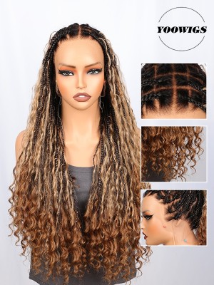 YOOWIGS Boho Knotless Braid Wig HD Full Lace Three Color Ombre Lightweight Goddess Look with Human Hair Curls BRAID11