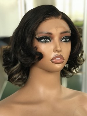 YOOWIGS Bouncy Curl HD Lace Wig Highlights Black Color Natural Hairline Short Human Hair Wigs YNY012