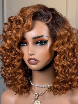 YOOWIGS Curly HD Lace Wig Ombre Brown Color Natural Hairline Human Hair Wigs Bleached Knots YNY005