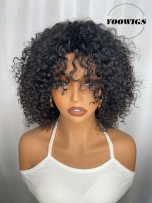 YOOWIGS Kinky Curly Human Hair Wig With Bangs Full Machine Made None Lace Wig Curly Hairstyles MC002