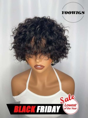 YOOWIGS Loose Curly Human Hair Wig With Bangs Full Machine Made None Lace Wig Curly Hairstyles MC001