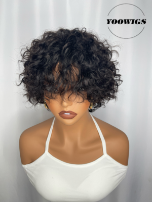 YOOWIGS Loose Curly Human Hair Wig With Bangs Full Machine Made None Lace Wig Curly Hairstyles MC001