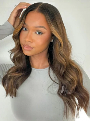 YOOWIGS Natural Wavy HD Lace Wig Brown Balayage Natural Hairline Human Hair Wigs Bleached Knots YNY001