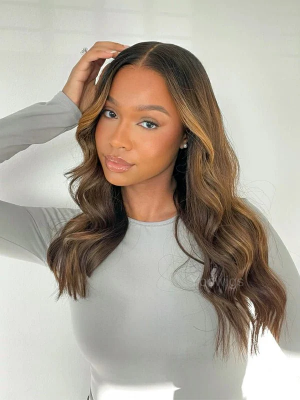 YOOWIGS Natural Wavy HD Lace Wig Brown Balayage Natural Hairline Human Hair Wigs Bleached Knots YNY001