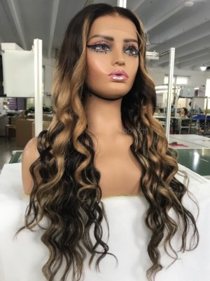 YOOWIGS Natural Wavy HD Lace Wig Brown Highlights Color Natural Hairline Human Hair Wigs YNY013