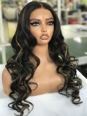 YOOWIGS Natural Wavy HD Lace Wig Black Highlights Color Natural Hairline Human Hair Wigs YNY011