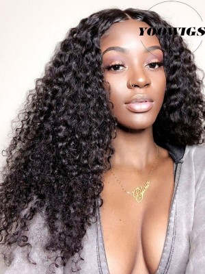 YOOWIGS Royal Film HD Lace 200% Density Deep Curly Human Hair 360 Lace Frontal Wigs Pre Plucked Peruvian Remy Human Hair Wigs Natural Hairline Baby Hair LJ007