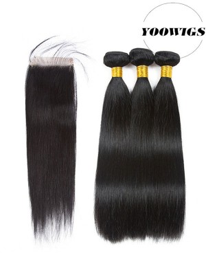 YOOWIGS Royal Film HD Lace Straight Hair Lace Closure Hair Weave Bundles Remy Natural Color Human Hair Extensions With 4x4 Lace Closure LJ040
