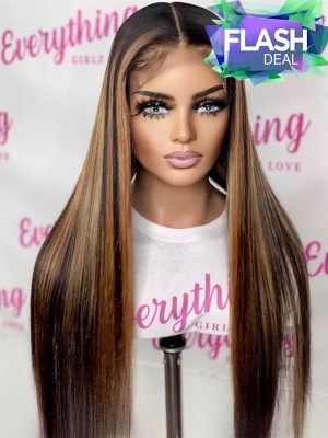 YOOWIGS Silky Straight Sale Highlight Color 18Inch 150 Density HD Lace Front Human Hair Wigs Preplucked Pre bleached with Natural Baby Hair BLS6