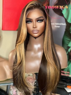 YOOWIGS 100% Virgin Human Hair Natural Straight Ombre Highlight Color Deep Parting 13x6 HD Lace Frontal Wig Long Hairstyles  RY063