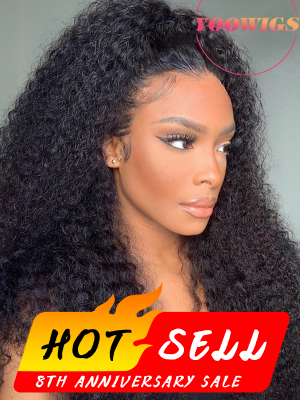 YOOWIGS  HD Lace Natural Black Afro Kinky Curly  Human Hair Full Lace Wigs With Bleach Knots  LJ020