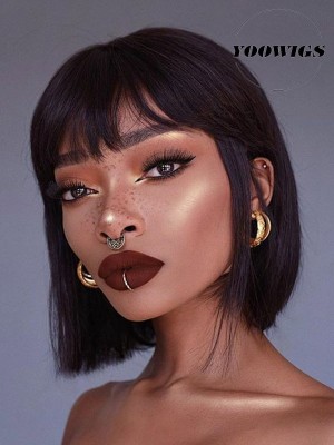 YOOWIGS Royal Film HD Lace Front Human Hair Wigs with Baby Hair Short Bob with Bangs Brazilian Remy Hair Pre Plucked Hairline Bleached Knots ZY021